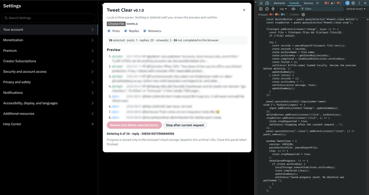The Tweet Clear panel showing deletion progress and a status message after processing archive items