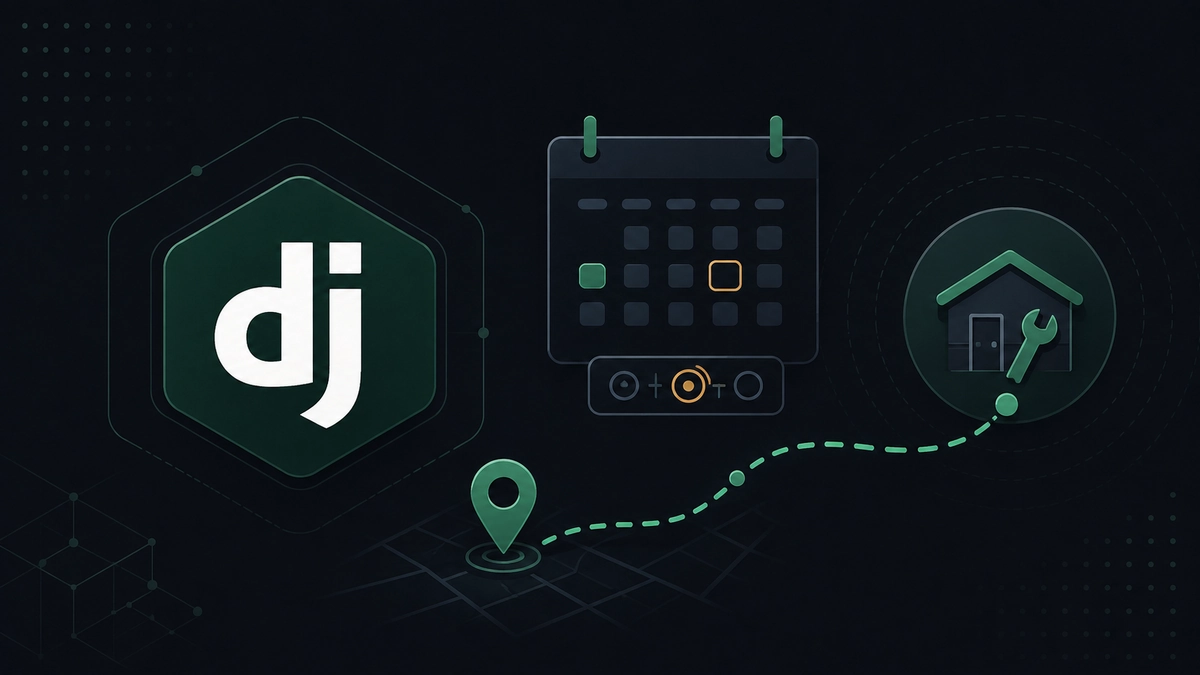 A dark editorial illustration of a structured Django appointment workflow with route and calendar geometry