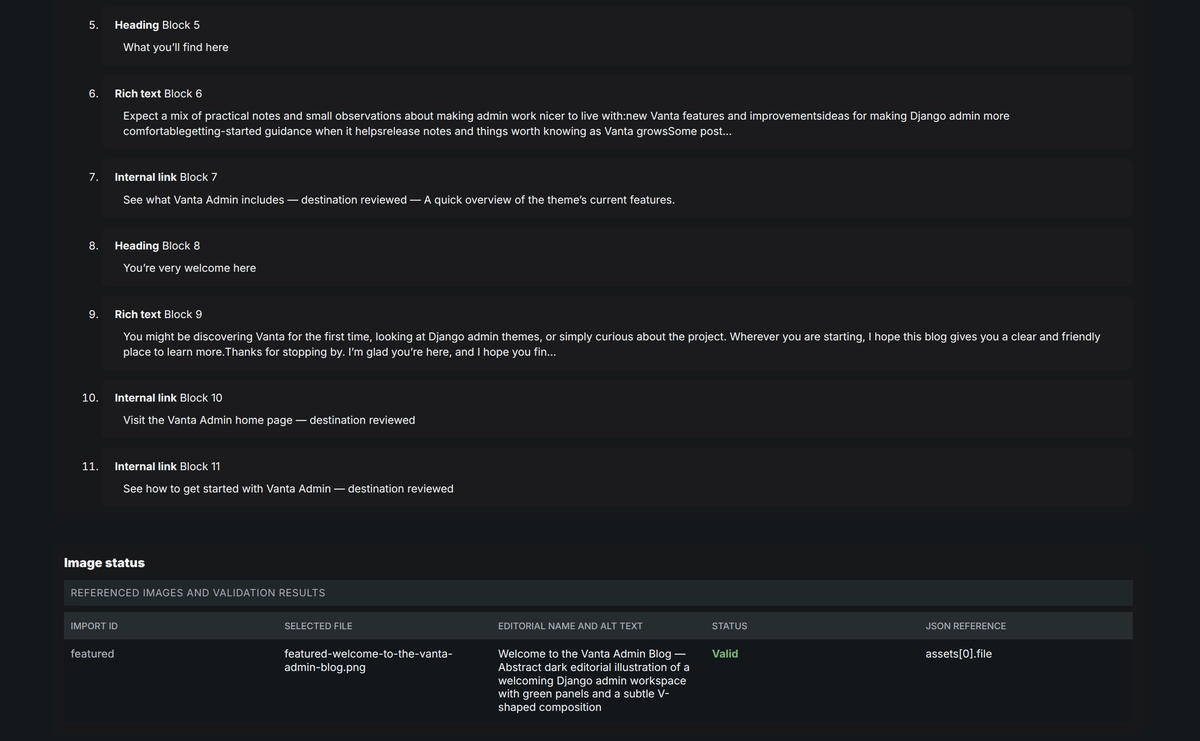 Django Admin import review showing the remaining ordered content blocks and a valid referenced-image result