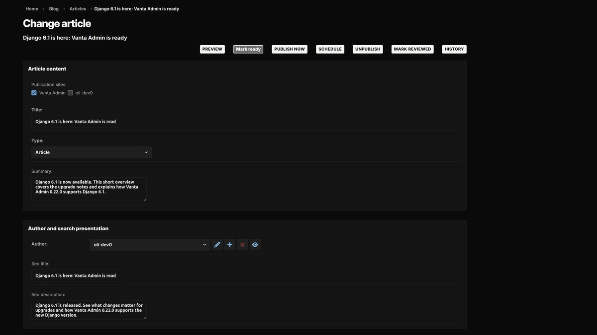 Django Admin article editor showing publishing actions, article details, author, and SEO fields