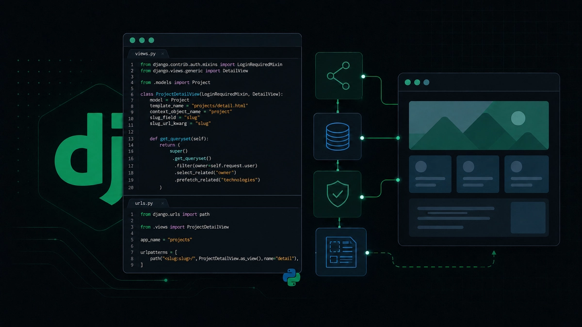 A dark Django web development workspace with a coherent views.py code panel and connected application components