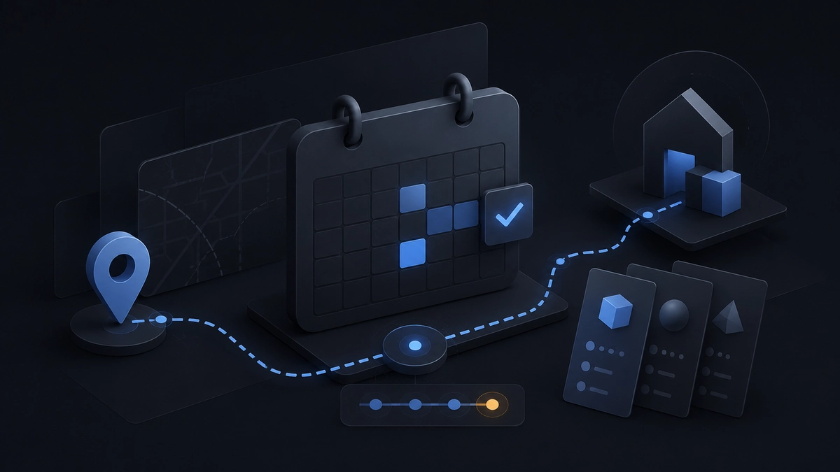 A dark editorial illustration of a structured Django appointment workflow with route and calendar geometry