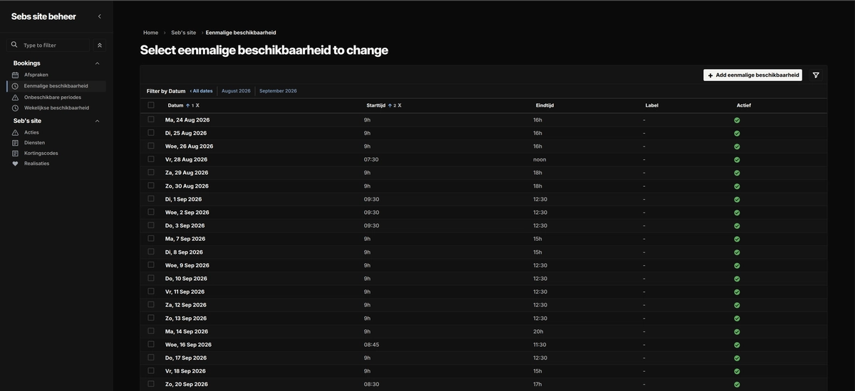 Dark Django Admin page listing one-off appointment availability with dates, times, filters, and an add button