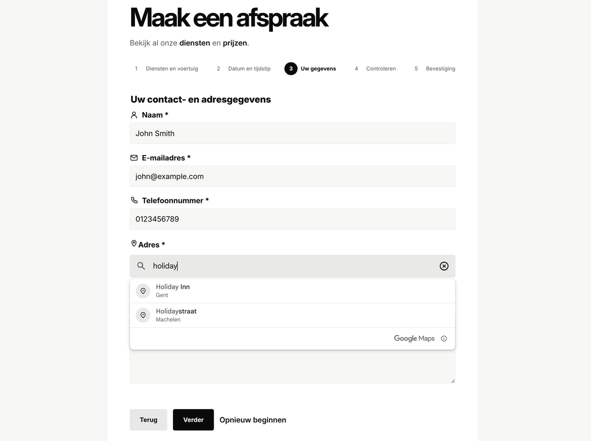 Appointment contact step with a Dutch address search and Google Maps suggestions