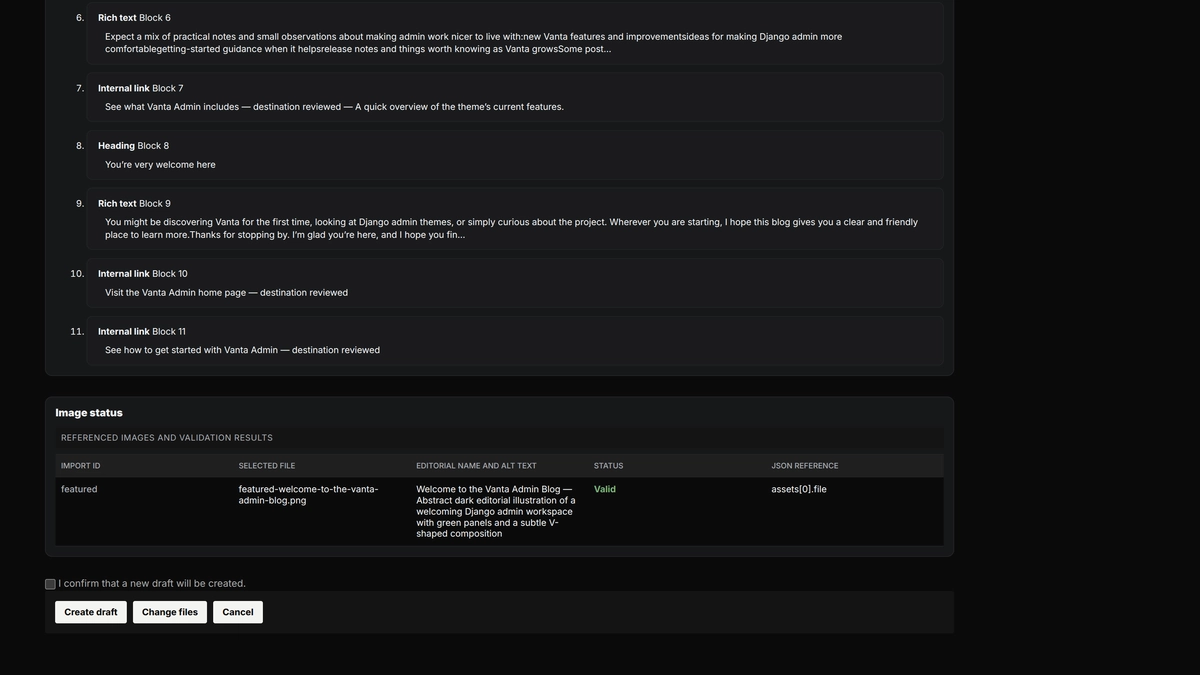 Django Admin import review showing the remaining ordered content blocks and a valid referenced-image result