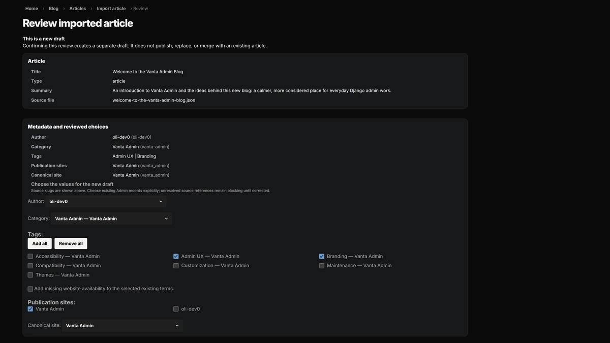 Django Admin import review showing the new draft notice, article details, author, category, publication sites, and tag choices