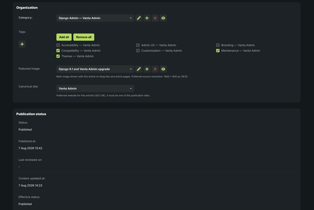Django Admin article editor showing category, tags, featured image, canonical site, and publication status