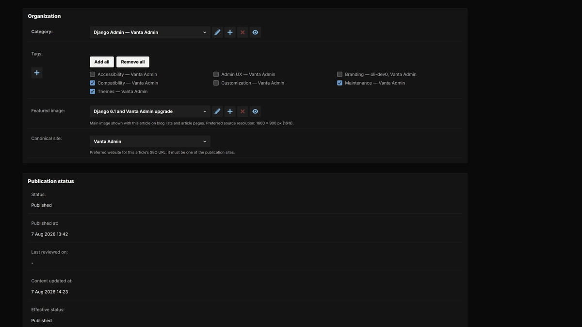 Django Admin article editor showing category, tags, featured image, canonical site, and publication status
