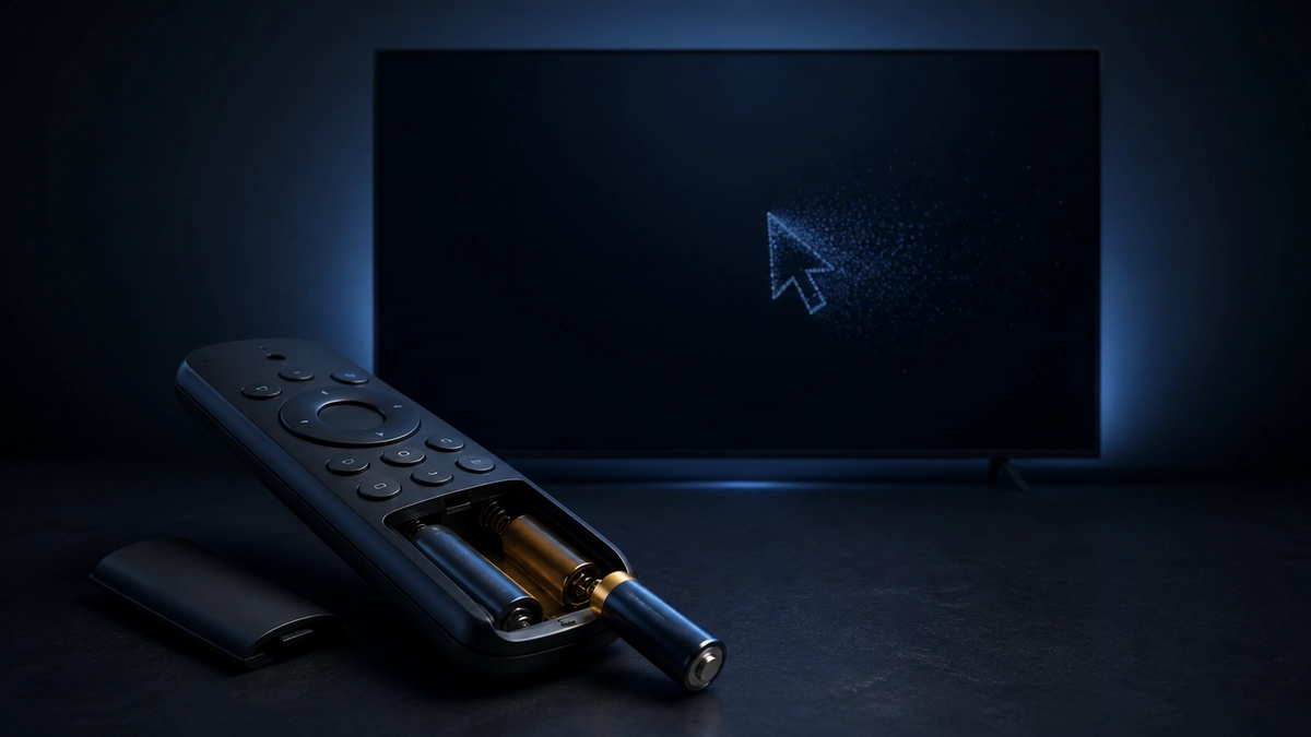 A dark illustration of a TV remote with an open battery compartment beside a screen where a pointer is fading away