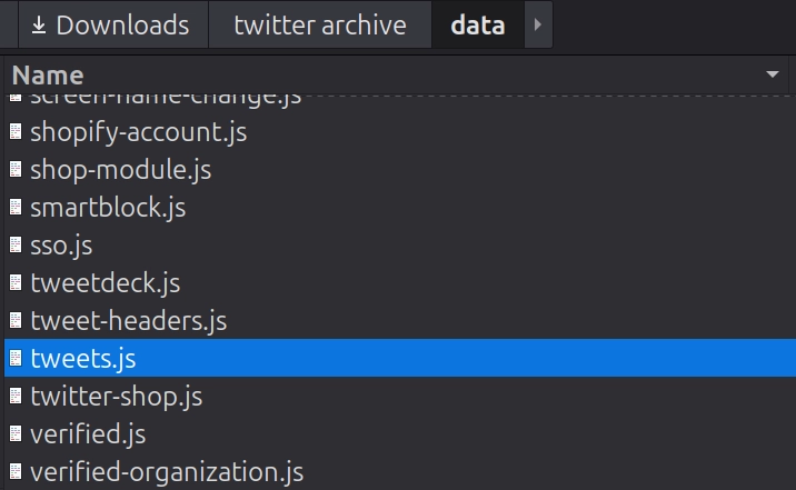 An extracted X archive folder with archive/data/tweets.js selected as the file Tweet Clear needs