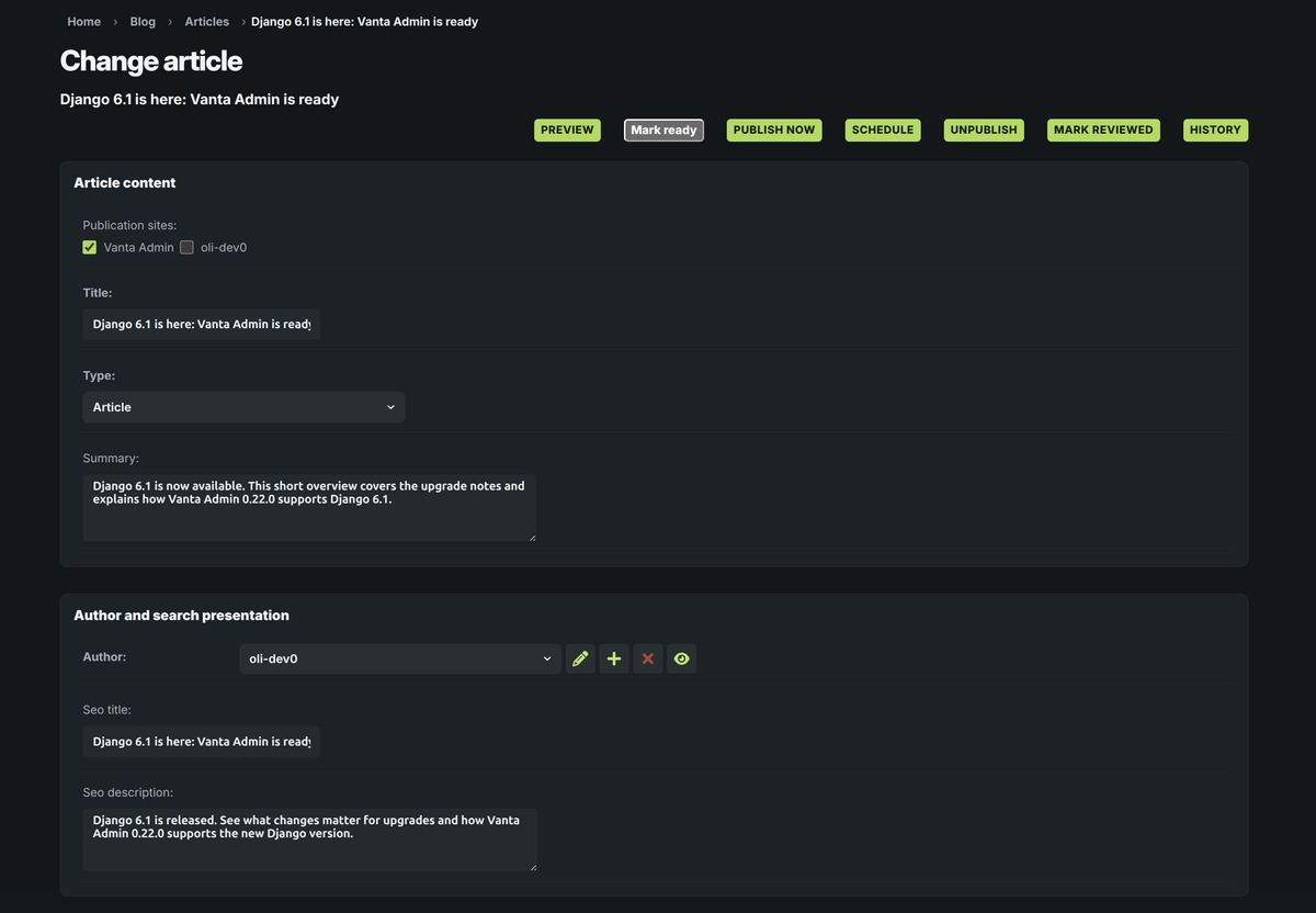 Django Admin article editor showing publishing actions, article details, author, and SEO fields