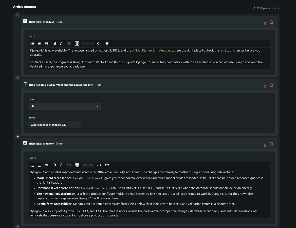 Django Admin article editor showing ordered rich-text and heading content blocks