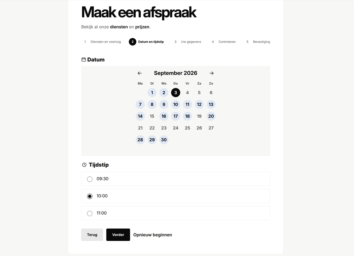Dark appointment calendar with available dates and a selected time
