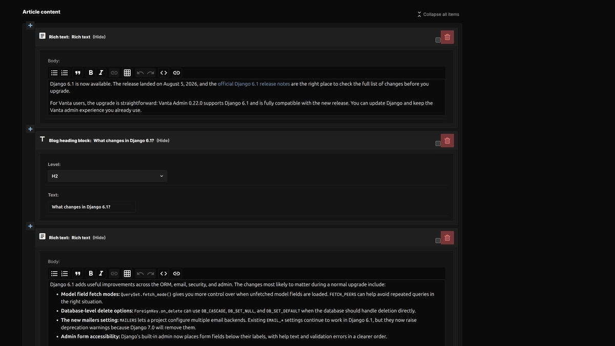 Django Admin article editor showing ordered rich-text and heading content blocks