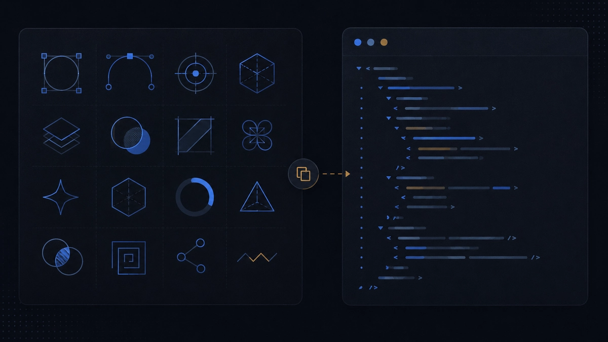 A dark technical workspace with inline SVG code, an icon grid, and restrained blue and amber accents