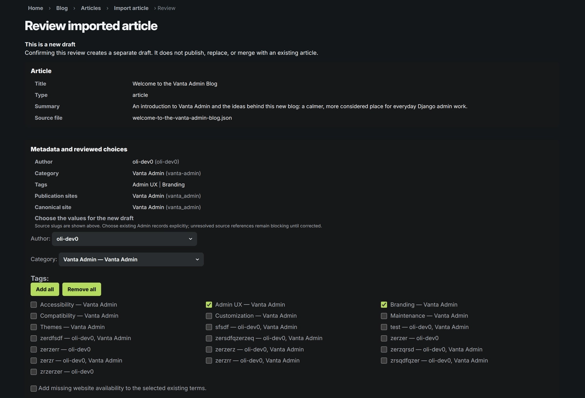 Django Admin import review showing the new draft notice, article details, author, category, publication sites, and tag choices
