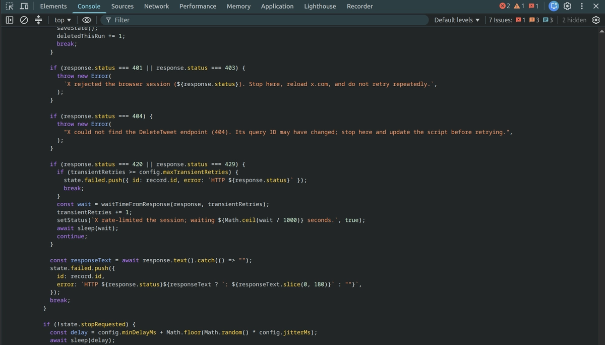 Chrome DevTools Console open on x.com with the complete Tweet Clear script pasted and ready to run