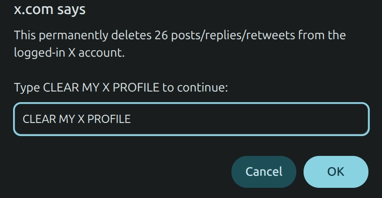 The Tweet Clear confirmation prompt showing the number of selected items and the exact phrase required to continue