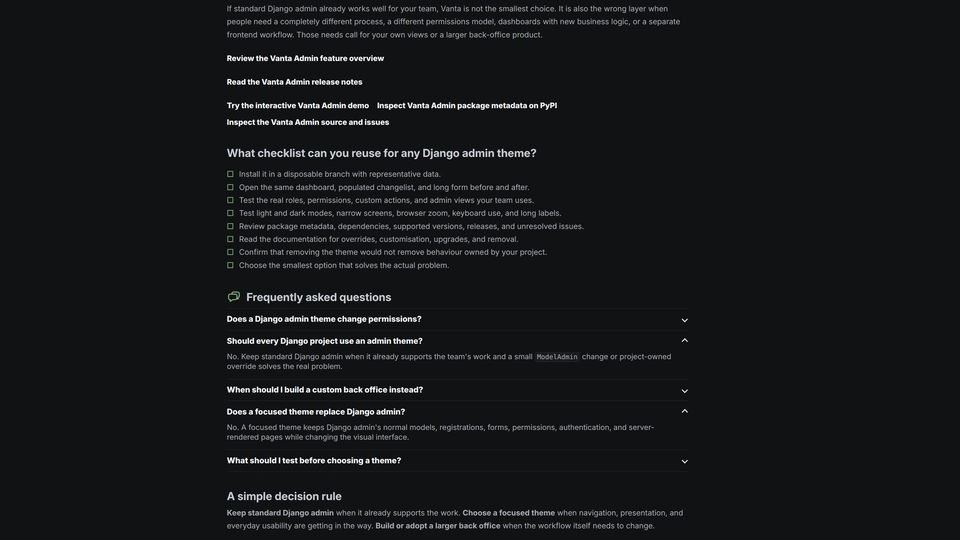 Dark-theme view of a public Django Blog article showing links, a checklist, and expandable frequently asked questions.