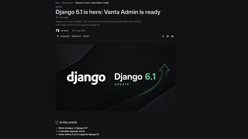 Public Django Blog article page, featured image, and table of contents.
