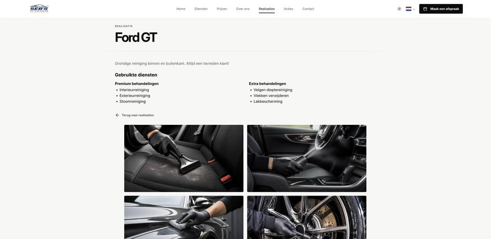 Before-and-after car-cleaning gallery on the Seb’s Autoreiniging website.