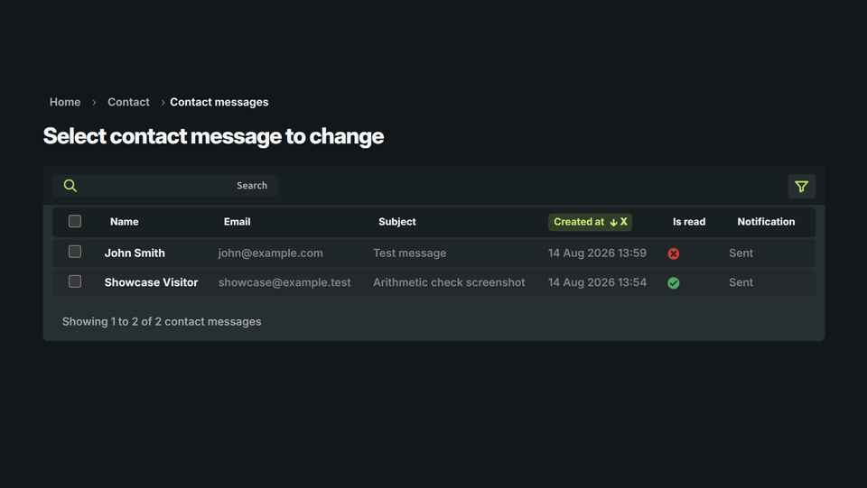 Django Admin contact-message list using Vanta Theme, with unread filtering and notification status.