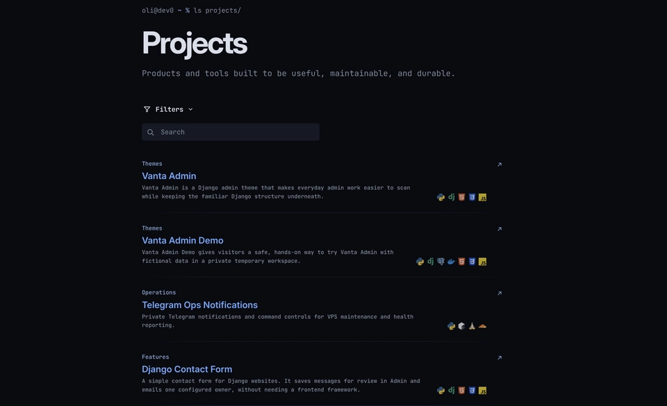 Project portfolio page with search, category filters, technology filters, and a list of published projects.
