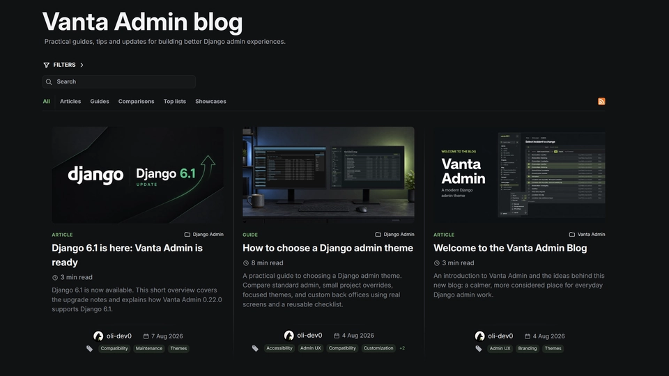 Vanta Admin Blog showing article cards for Django updates, Admin themes, and related topics.