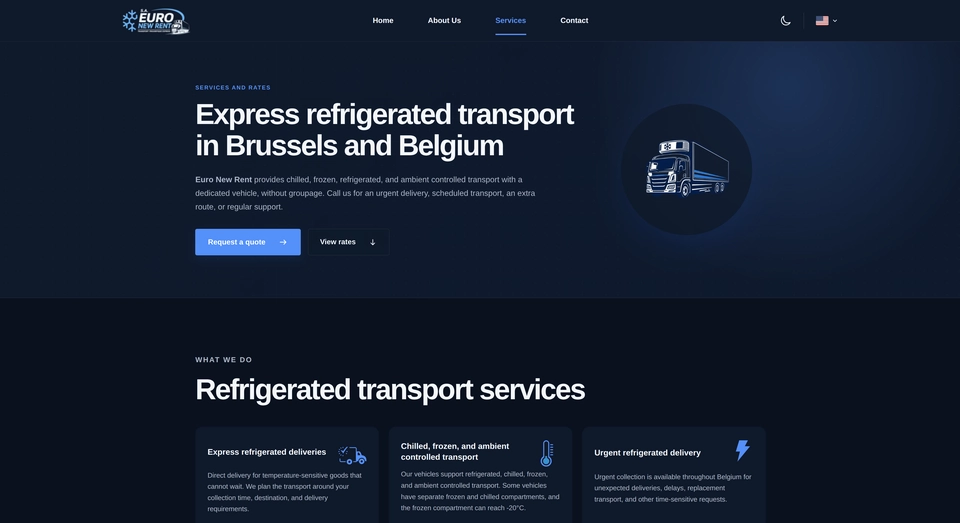 Euro New Rent services and rates page in a dark theme with a localized language selection.