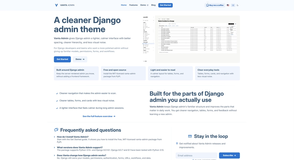 Vanta Admin website homepage with a light interface.