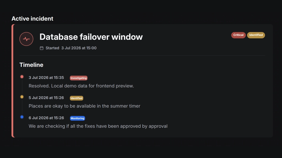 Public status page showing a critical active database failover incident with an identified status, start time, and timeline updates marked investigating, identified, and monitoring.
