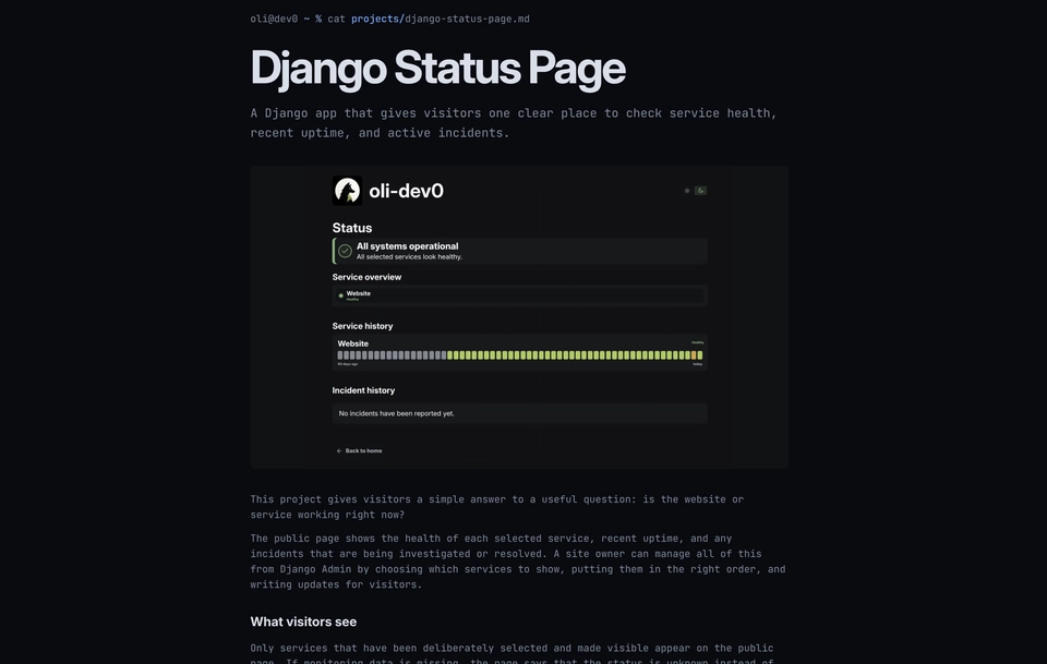 Published project detail page with a cover image and project description.