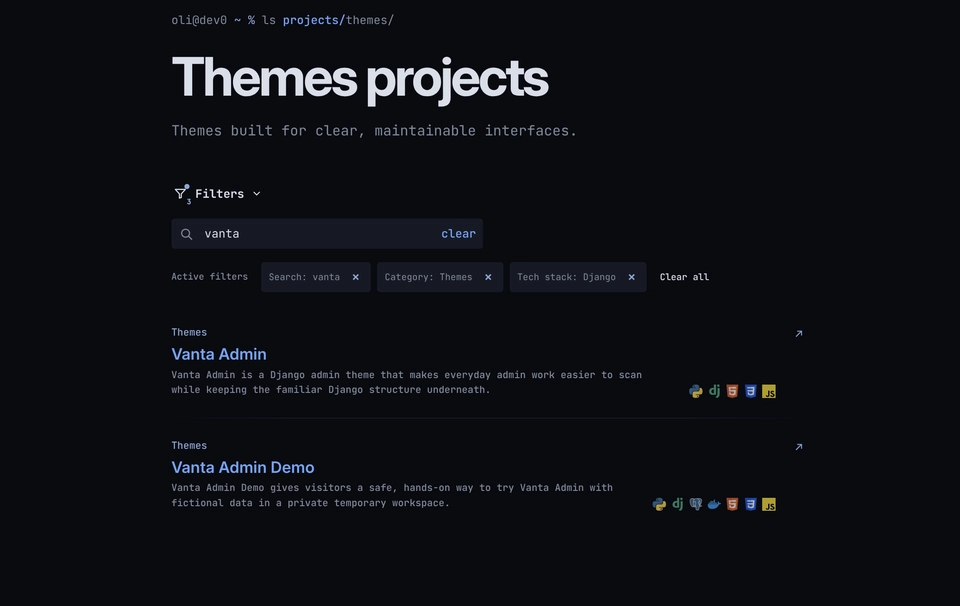 Filtered project list showing an active search, category, technology choices, and matching projects.