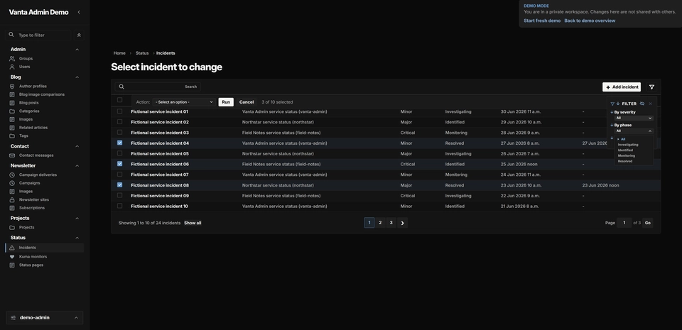 Vanta Admin Demo changelist form showing fictional content.