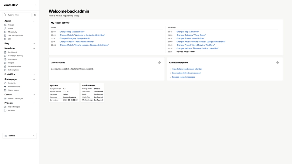 Vanta Admin dashboard showing grouped sidebar navigation, model links, and recent activity - light theme