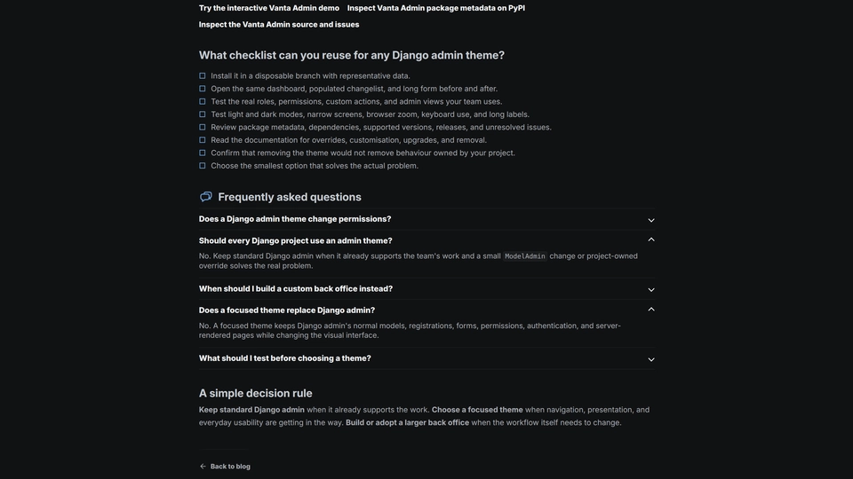 Dark-theme view of a public Django Blog article showing links, a checklist, and expandable frequently asked questions.