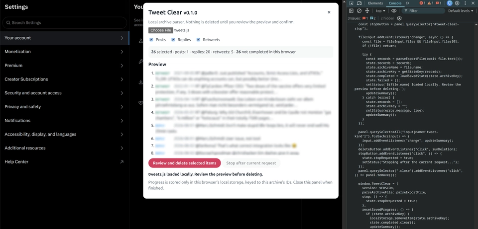 Tweet Clear v0.1.0 panel on x.com.