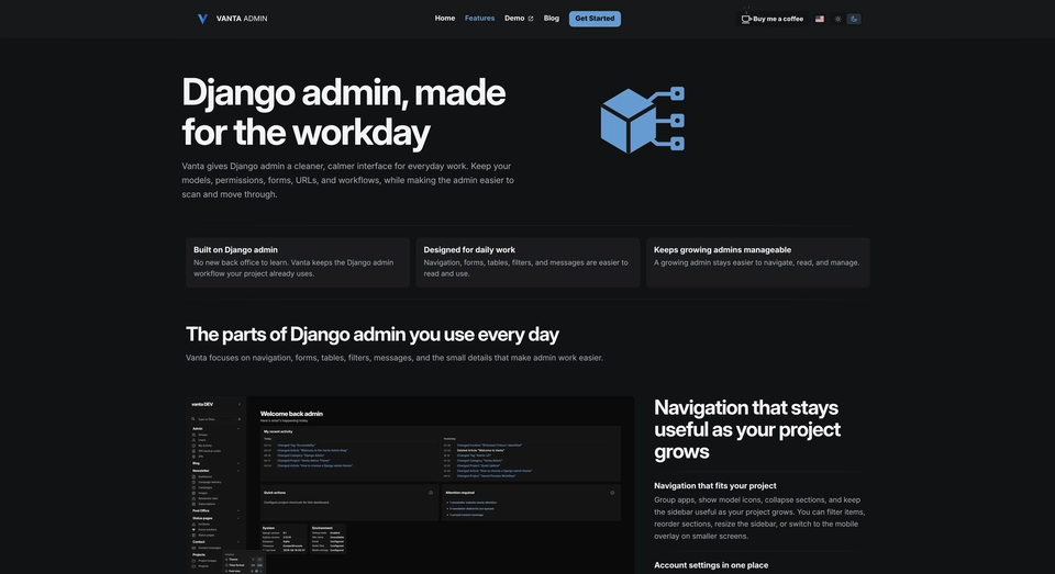 Vanta Admin features page with a dark interface.
