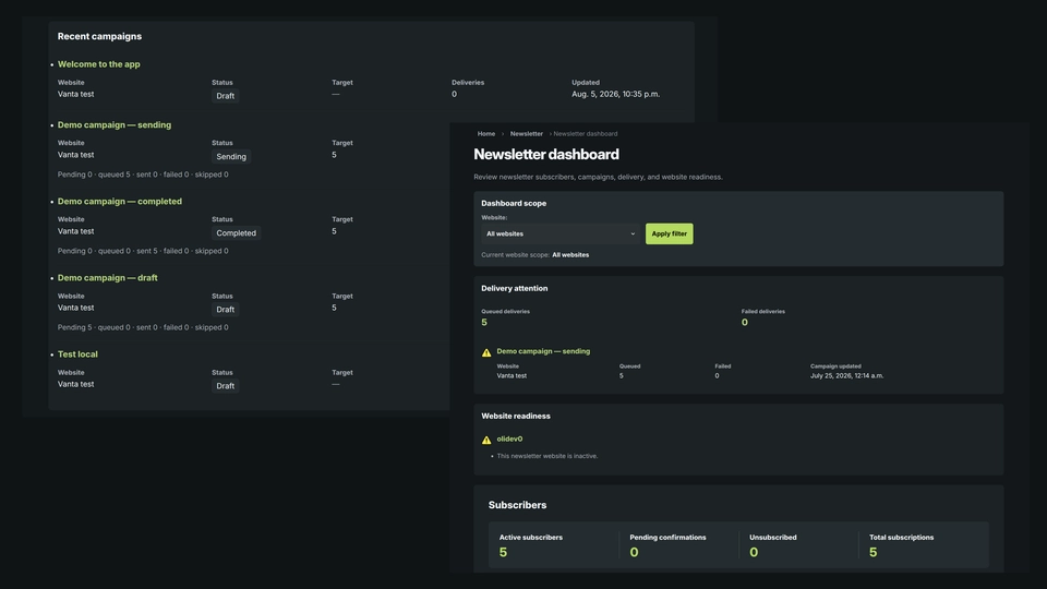 Newsletter Admin dashboard showing subscriber totals, campaign status, delivery attention, and configuration readiness.