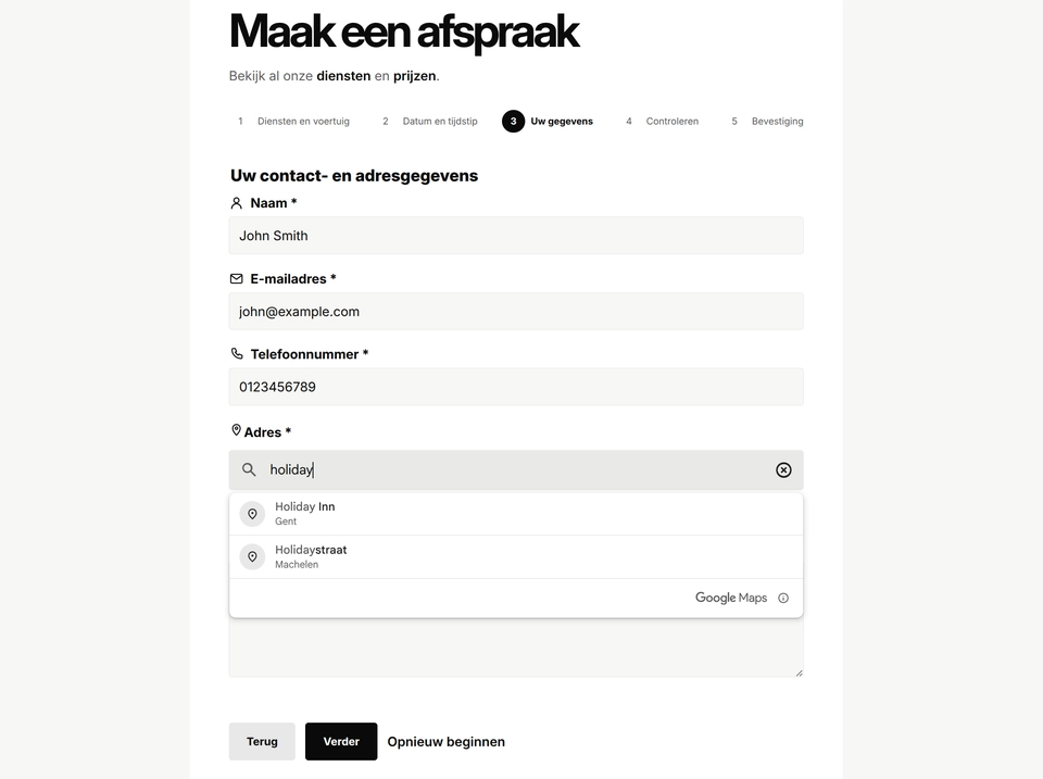 Contact and address step of the appointment form.