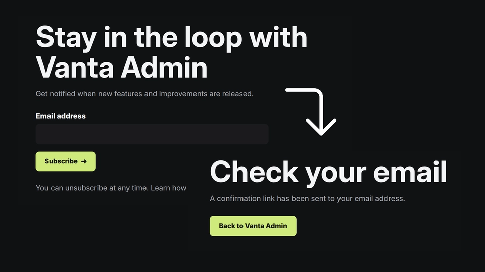 Newsletter signup form and email confirmation result.