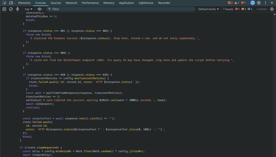 Chrome DevTools Console displaying Tweet Clear JavaScript.