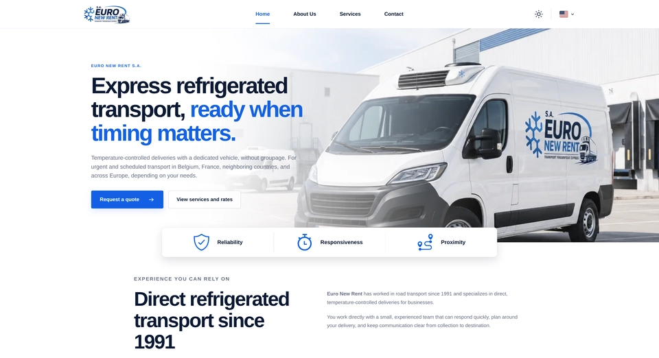Euro New Rent homepage showing a refrigerated transport service and a clear request-a-quote action.