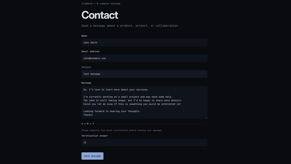 Contact form asking for a short arithmetic verification before accepting a message.