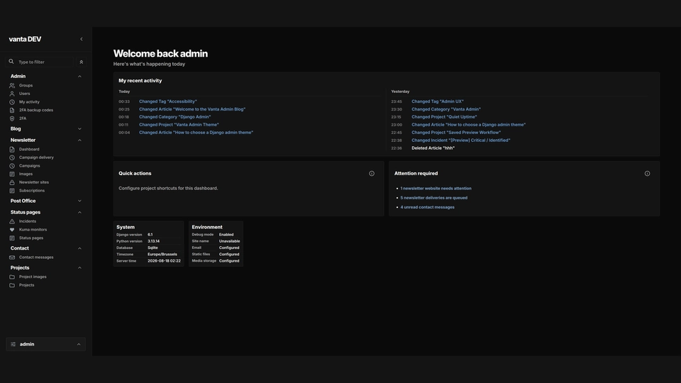 Vanta Admin changelist with compact filters, selected rows, and a visible bulk-action bar - dark theme