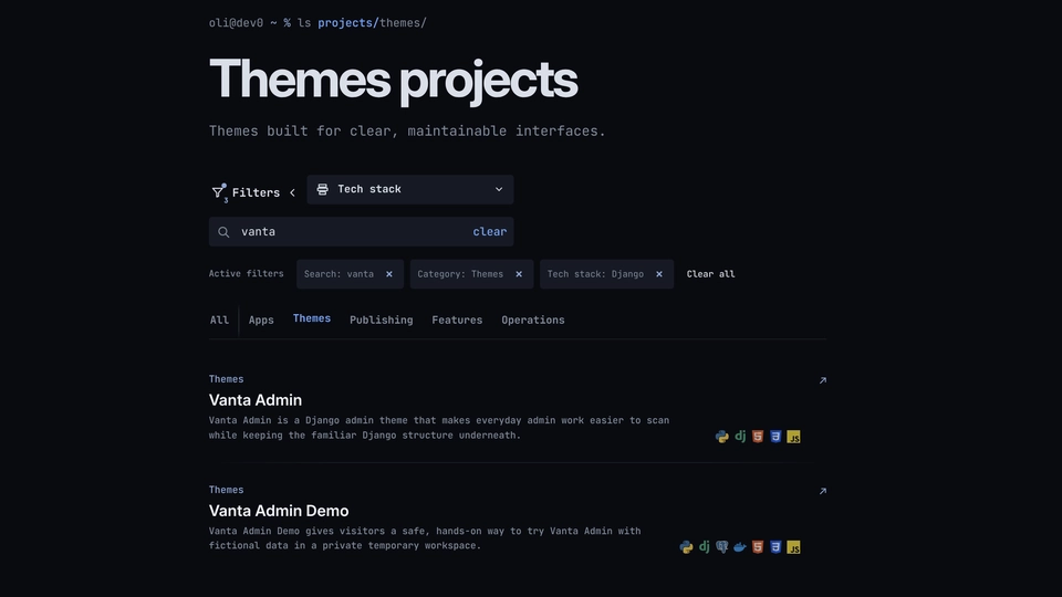 Filtered project list showing an active search, category, technology choices, and matching projects.