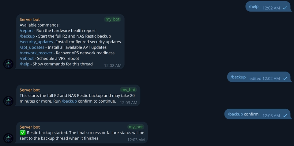 Telegram command sequence showing a maintenance action requiring explicit confirmation.