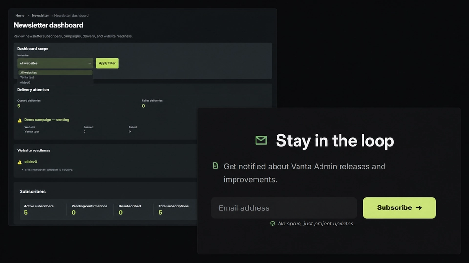 Public newsletter signup page beside a Django Admin dashboard with campaign and delivery summaries.