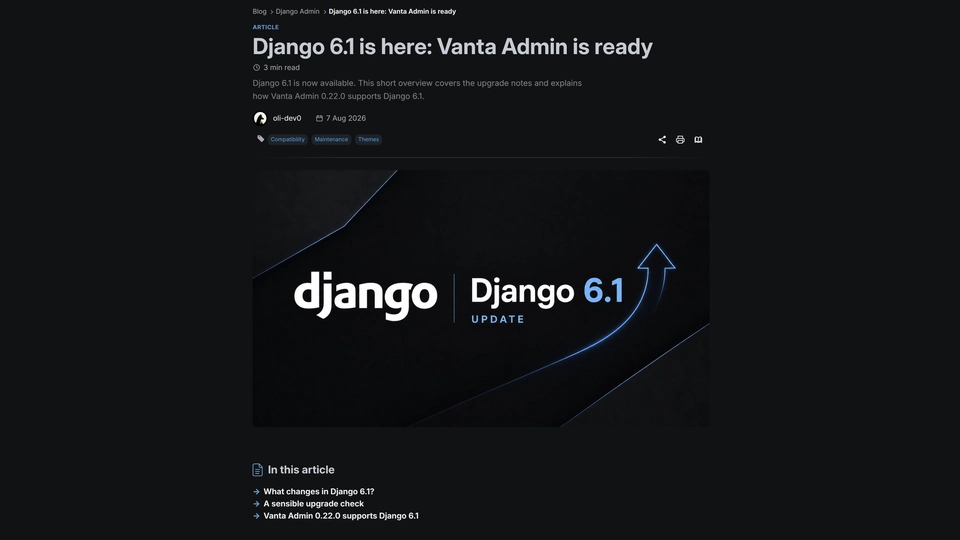 Public Django Blog article page, featured image, and table of contents.