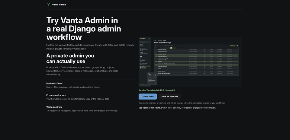 Vanta Admin Demo overview explaining private temporary workspaces and inviting visitors to try the demo.